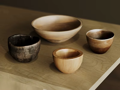 Natural Tone Wooden Tableware Set With Different Sizes Bowls On Wooden Table 3d model