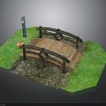 Wooden Garden Bridge Landscape Design With Green Grass Gravel Ground And Small Blue Fountain