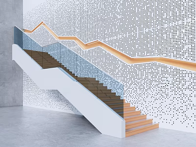 Sleek Modern Staircase With Wooden Steps Glass Railing And Orange Handrail Against Perforated White Wall 3d model