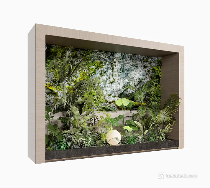 Wooden Frame Vertical Garden With Green Plants Rock Background And White Spherical Decoration 3d model 