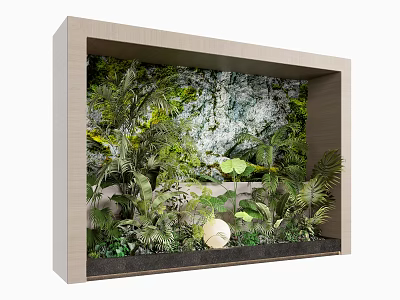 Wooden Frame Vertical Garden With Green Plants Rock Background And White Spherical Decoration 3d model