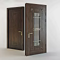 Classic Wooden Hinged Door with Glass Panel Geometric Metal Grid Design and Golden Handle