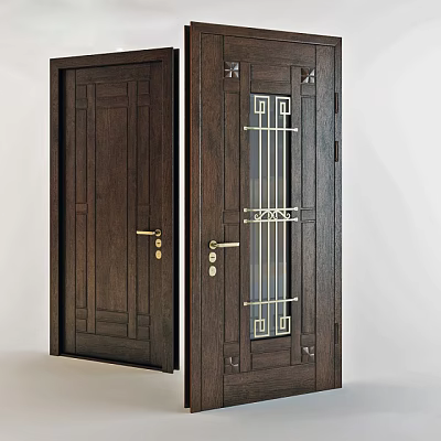 Classic Wooden Hinged Door with Glass Panel Geometric Metal Grid Design and Golden Handle 3d model