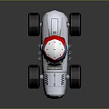Cartoon Toy Car with White Body Large Black Wheels Red Rims and Blue Red Helmet