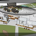 Modern Commercial Complex With Circular Rooftop Small Pavilions Greenery And Retail Shops 3d model