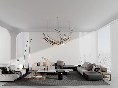 Modern Living Room Interior With Curved Arch Large Windows City View Unique Chandelier Sofa Cushions 3d model