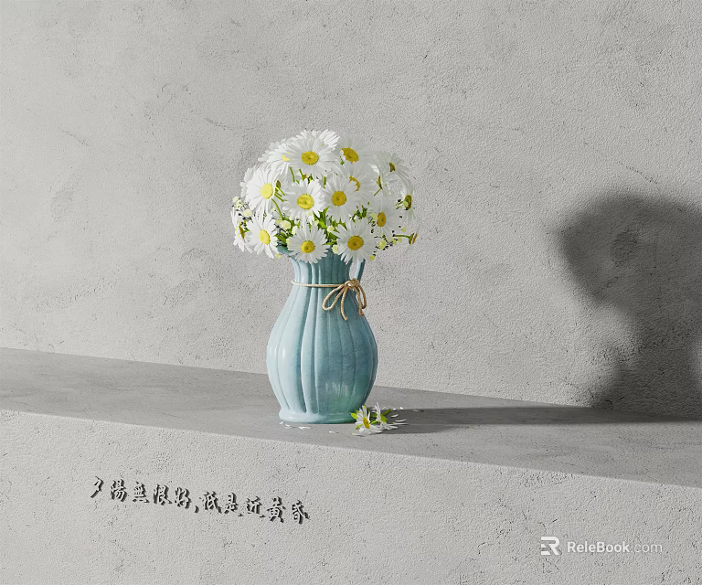 Blue Ribbed Ceramic Vase With White Daisies And Yellow Centers On Gray Table 3d model 