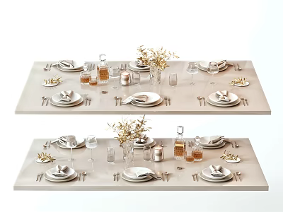 Elegant Tableware Set Arrangement On Dining Table With Plates Glasses Utensils And Flowers 3d model