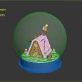 Decorative Miniature Furniture House In Glass Snow Globe With Blue Base And Christmas Elements