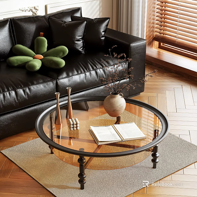 Glass Round Coffee Table on Wooden Floor with Open Book Vase near Black Leather Sofa 3d model 