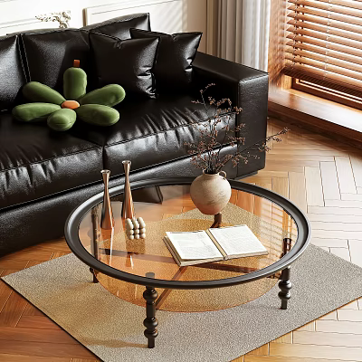 Glass Round Coffee Table on Wooden Floor with Open Book Vase near Black Leather Sofa 3d model