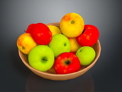 Wooden Fruit Bowl With Fresh Red Green Apples And Yellow Fruits On Kitchen Tabletop 3d model