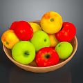 Wooden Fruit Bowl With Fresh Red Green Apples And Yellow Fruits On Kitchen Tabletop