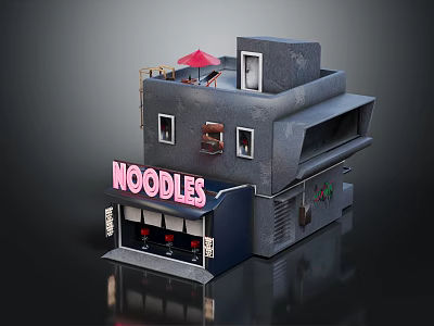 Noodle Shop Building With Neon Sign Red Umbrella On Terrace And Gray Exterior 3d model