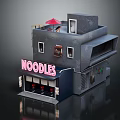 Noodle Shop Building With Neon Sign Red Umbrella On Terrace And Gray Exterior