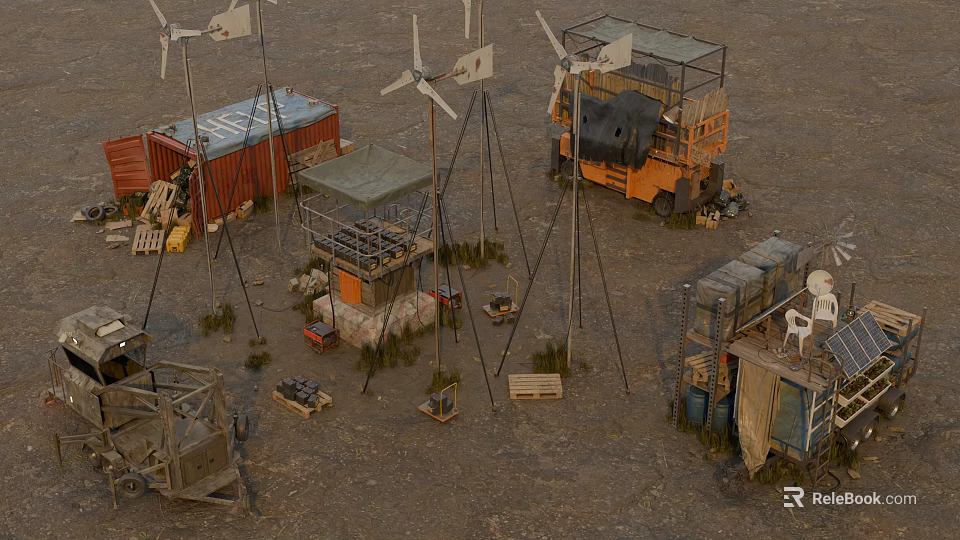 Wind Turbines And Containers With Makeshift Structures In Remote Desert Terrain 3d model 
