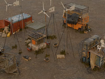 Wind Turbines And Containers With Makeshift Structures In Remote Desert Terrain 3d model