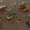 Wind Turbines And Containers With Makeshift Structures In Remote Desert Terrain 3d model