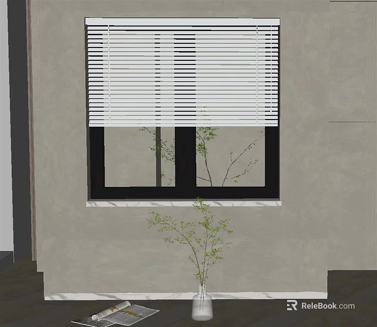 Window Blinds on Black Frame Window with Green Plant in Vase and Gray Wall 3d model 