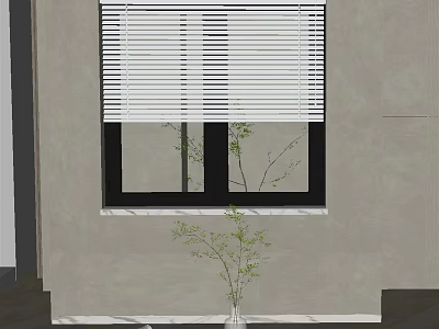 Window Blinds on Black Frame Window with Green Plant in Vase and Gray Wall 3d model