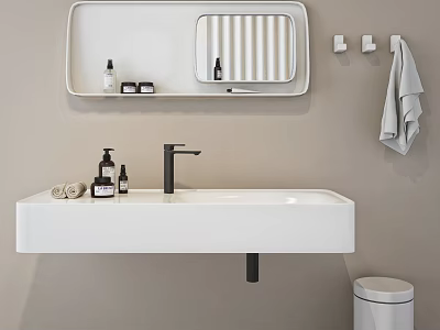 Modern Minimalist Bathroom Washbasin With Black Faucet Wall Mirror Storage Shelf Hanging Towel And Toiletries 3d model