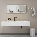 Modern Minimalist Bathroom Washbasin With Black Faucet Wall Mirror Storage Shelf Hanging Towel And Toiletries
