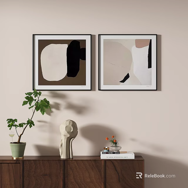 Framed Abstract Paintings on Wall with Decorative Sculpture Green Plant Wooden Cabinet 3d model 