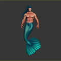 Muscular Male Mermaid With Blue Long Hair And Green Fish Tail On Dark Background