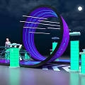 Futuristic Energy Venue With Neon Circular Structure Green Pillars And Moonlit Night