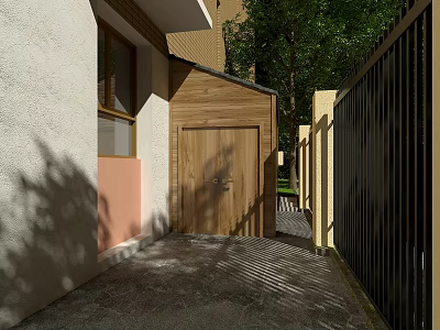 Charming Wooden House Exterior With White Wall Building Black Fence And Sunlight Shadows 3d model