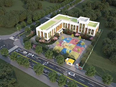 Modern School Building with Green Roof and Colorful Playground Area Surrounded by Trees Near Road 3d model