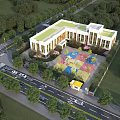 Modern School Building with Green Roof and Colorful Playground Area Surrounded by Trees Near Road