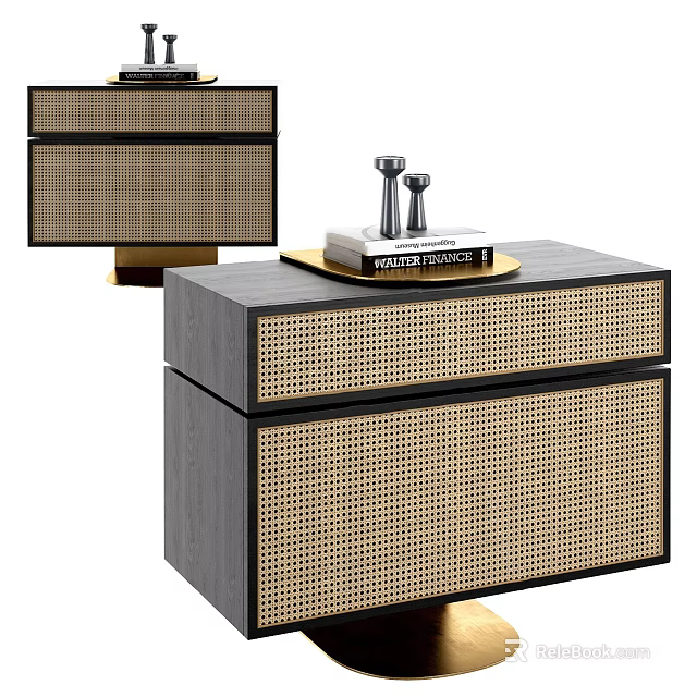 Modern Bedside Table With Woven Drawer Panel And Gold Accent Legs 3d model