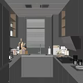 Modern Kitchen Interior With Dark Gray Cabinets Marble Countertop Window Blinds And Appliances