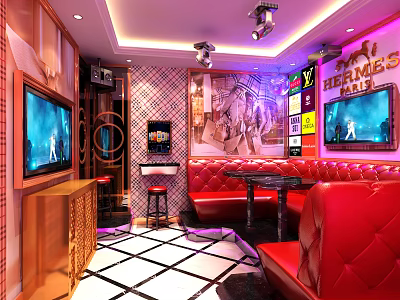 Modern KTV Room With Red Sofas TV Screens Neon Signs And Diamond Patterned Floor 3d model