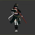 Woman With Black Hair In Traditional Outfit Holding Red Staff In Combat Pose