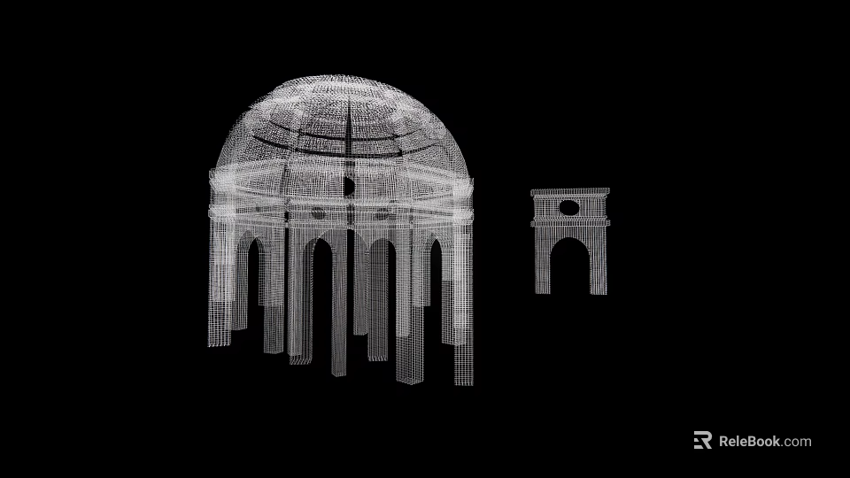 Wireframe Dome And Arch Structure Art Installation On Black Background 3d model 
