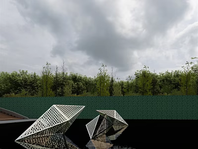 Geometric Metal Sculptures on Black Water Surface with Green Trees Green Wall and Gray Sky 3d model