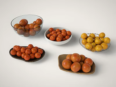Fresh Colorful Fruits Including Tomatoes And Yellow Fruits In Various Bowls And Plates 3d model