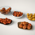 Fresh Colorful Fruits Including Tomatoes And Yellow Fruits In Various Bowls And Plates