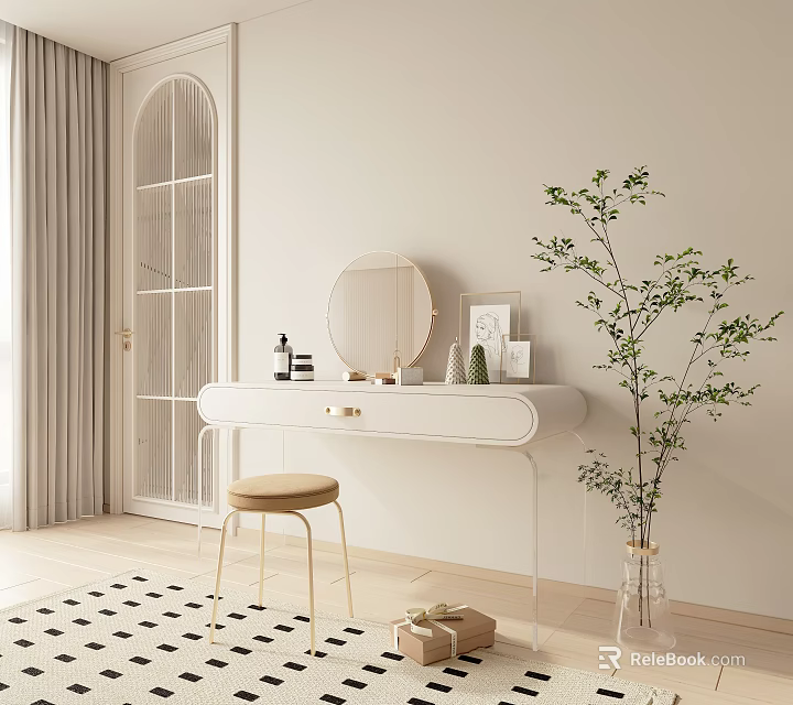 Elegant Minimalist Dressing Table With Round Mirror Stool Skincare Bottles And Green Plant 3d model 
