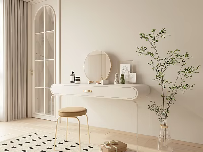 Elegant Minimalist Dressing Table With Round Mirror Stool Skincare Bottles And Green Plant 3d model