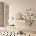 Elegant Minimalist Dressing Table With Round Mirror Stool Skincare Bottles And Green Plant