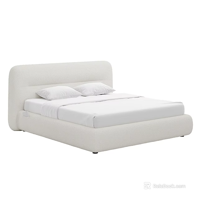 Modern White Upholstered Double Bed With Headboard And Soft Pillows 3d model 