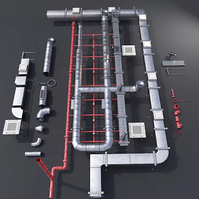 Industrial Piping Components With Various Metal Pipes Red Silver Fittings And Supports 3d model