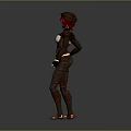 3D Red Haired Female Adventurer Character In Brown Striped Outfit With Hat And Holster