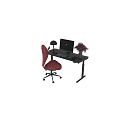 Black Desk With Computer Monitor Keyboard Desk Lamp Dried Flowers Headphones And Red Office Chair