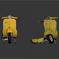 Two Yellow Vintage Scooter Motorcycles With Brown Seats And Reflections