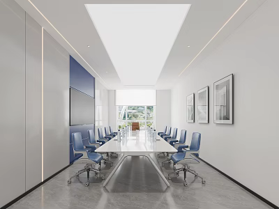 Modern Conference Room Interior With Long Table Blue Chairs TV Framed Paintings And Natural Light 3d model