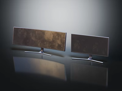 Modern Computer Monitors Ultrawide and Standard Widescreen on Black Smooth Desk with Silver Metal Stands 3d model